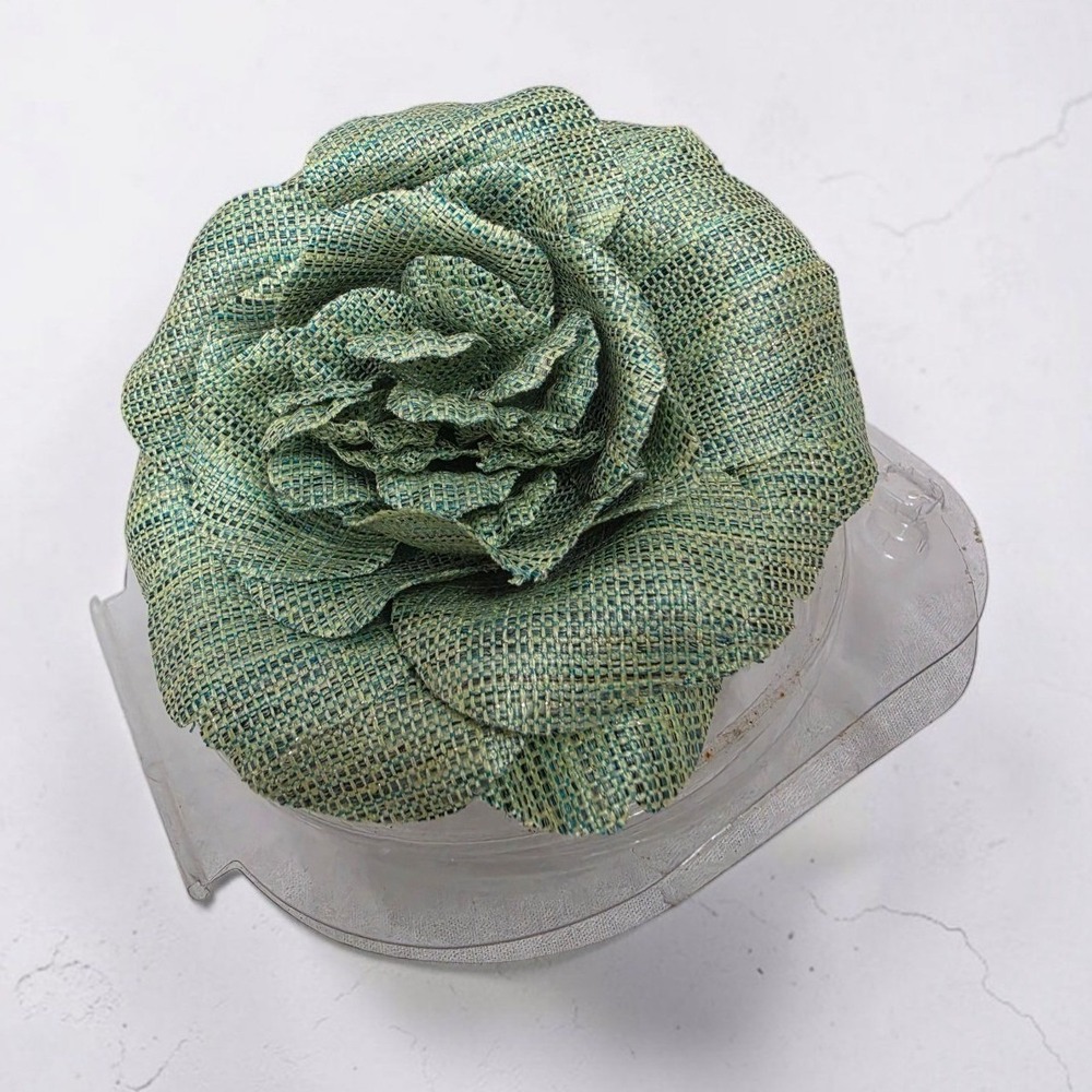 Vintage Sage Green Woven Fabric Camellia Flower Brooch Pin Lapel Accessory